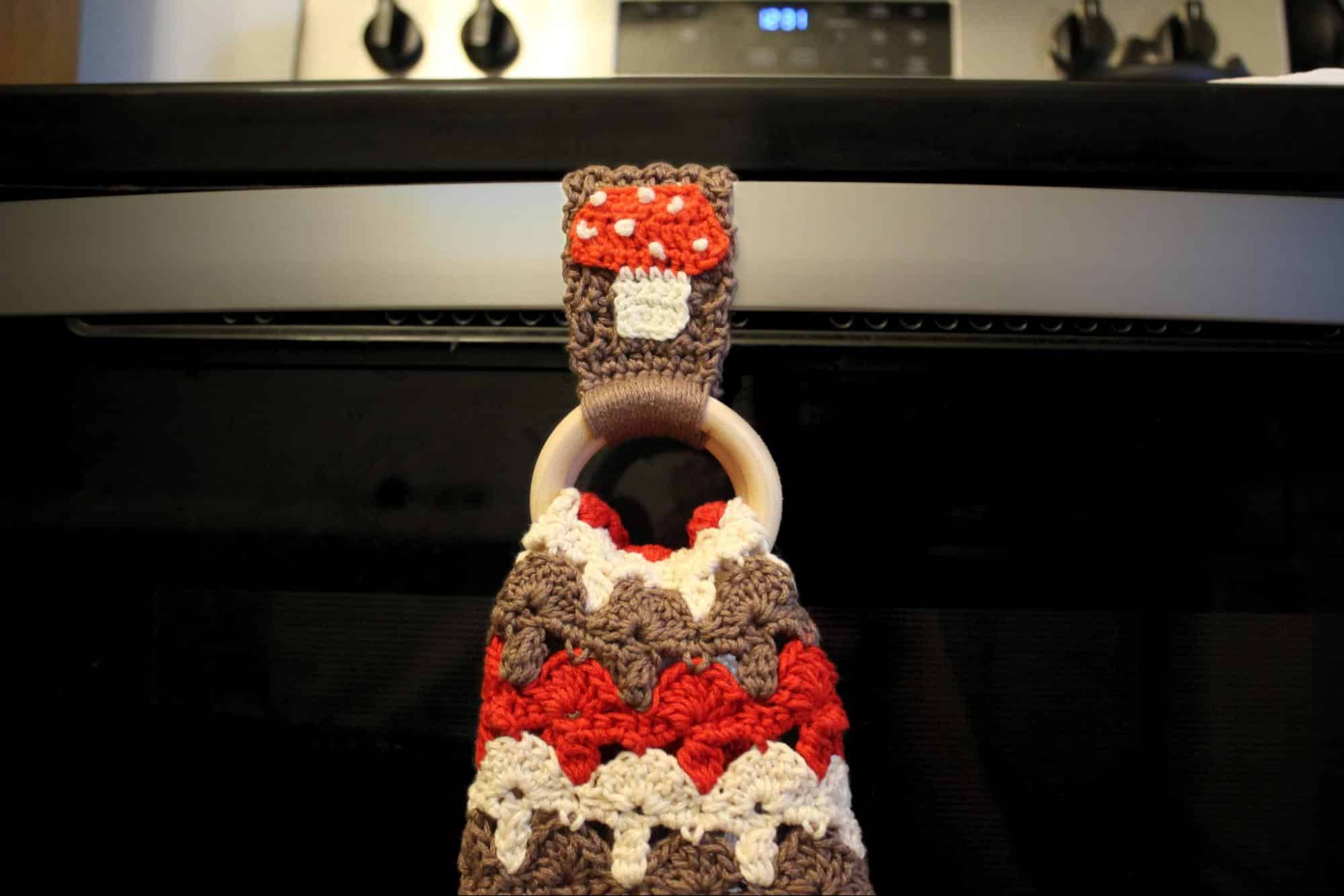 Mushroom dishcloth hanger Mushroom Motif for woodland dishcloth hanger with crocheted mushroom dish cloth.