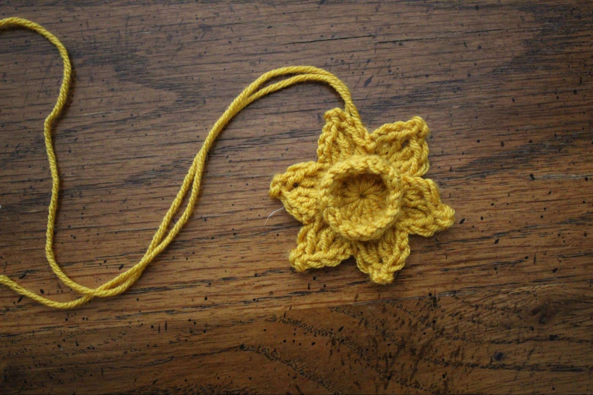 Crocheted daffodil flower motif Daffodil flower motif completed for woodland dishcloth hanger