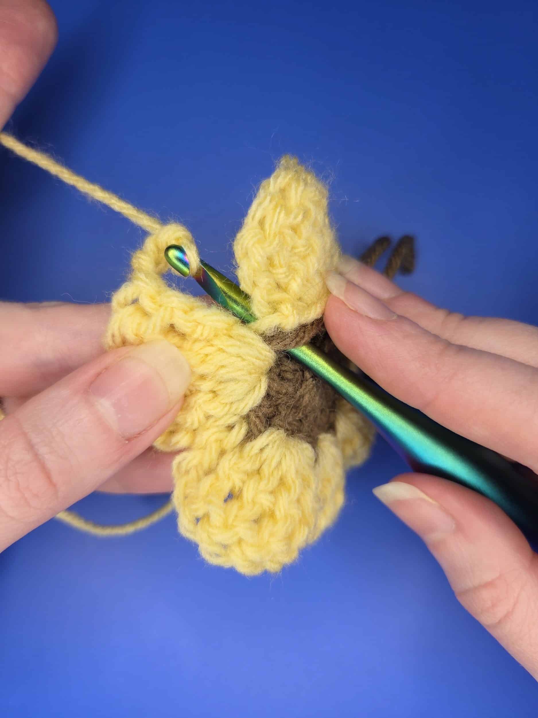 How to place your hook for round 3 of flower granny square free crochet pattern. Back View.