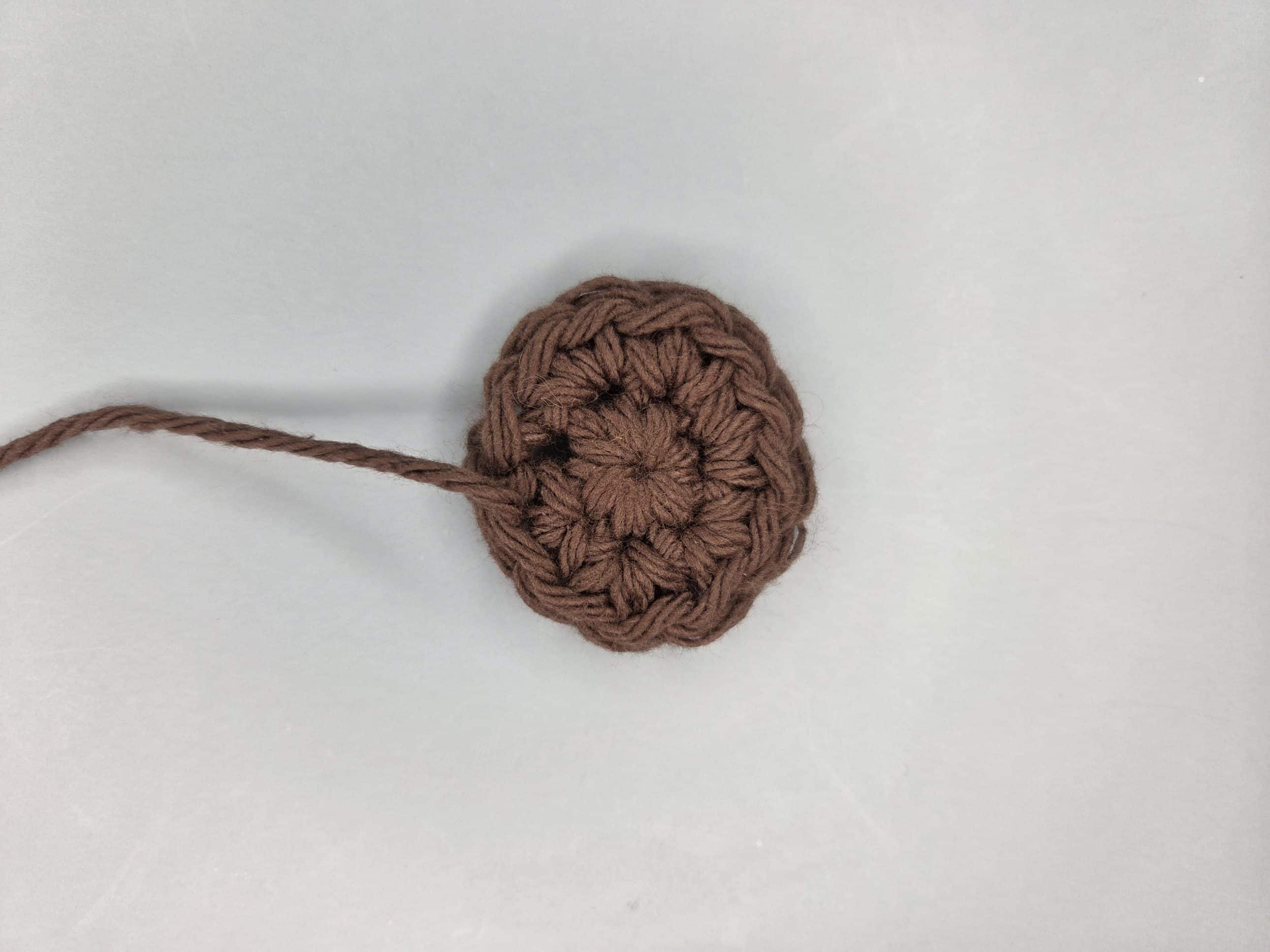 Small brown crochet circle worked in a magic ring with two rounds of single crochet, shown before embroidery on a light blue surface.